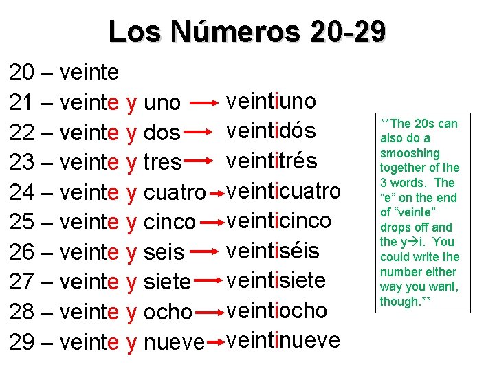 Los Números 20 -29 20 – veinte 21 – veinte y uno 22 –