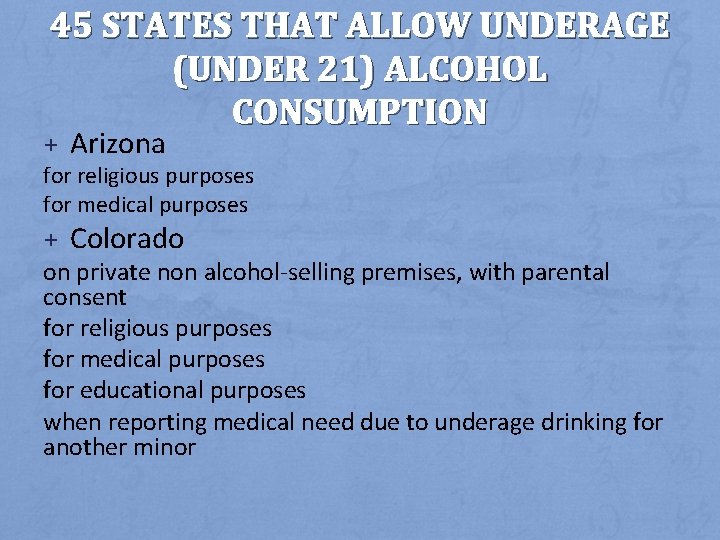 45 STATES THAT ALLOW UNDERAGE (UNDER 21) ALCOHOL CONSUMPTION + Arizona for religious purposes
