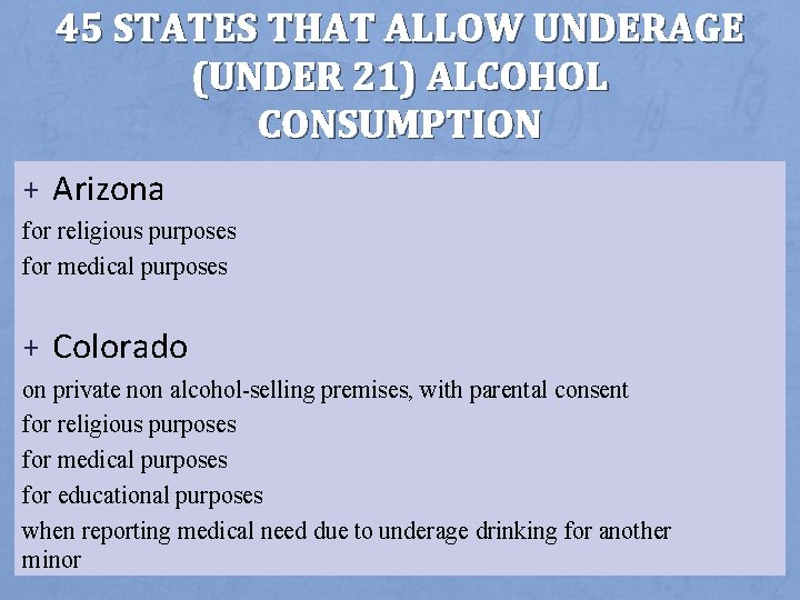 45 STATES THAT ALLOW UNDERAGE (UNDER 21) ALCOHOL CONSUMPTION + Arizona for religious purposes