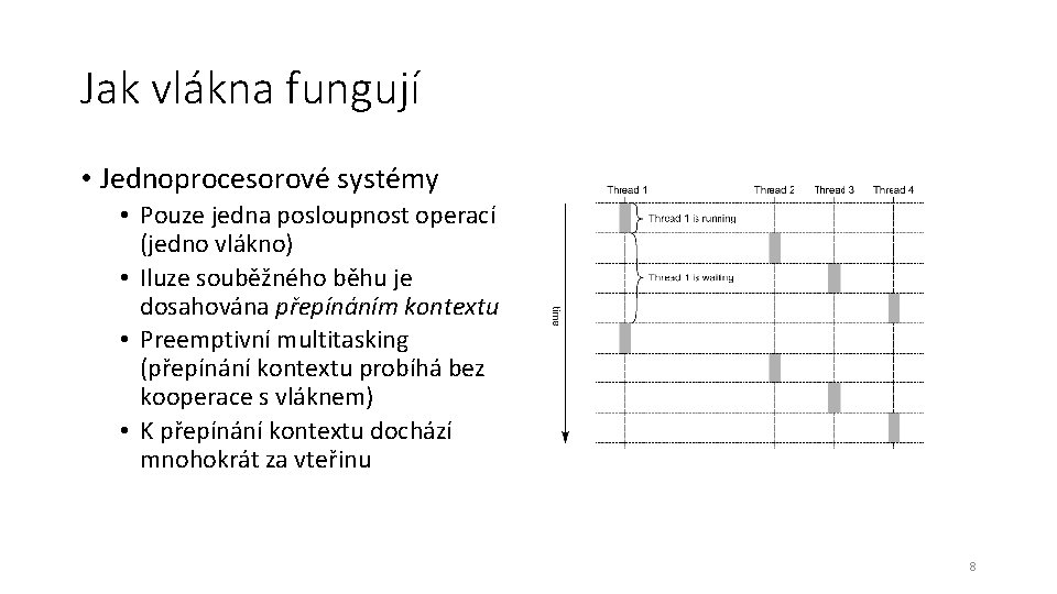 Jak vlákna fungují • Jednoprocesorové systémy • Pouze jedna posloupnost operací (jedno vlákno) •