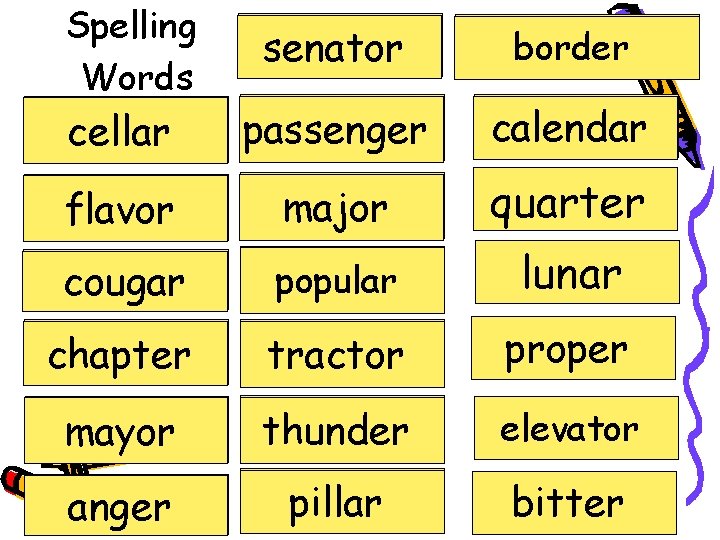 Spelling Words senator border cellar passenger calendar flavor major quarter cougar popular lunar chapter