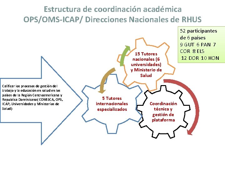 Estructura de coordinación académica OPS/OMS-ICAP/ Direcciones Nacionales de RHUS 15 Tutores nacionales (6 universidades)
