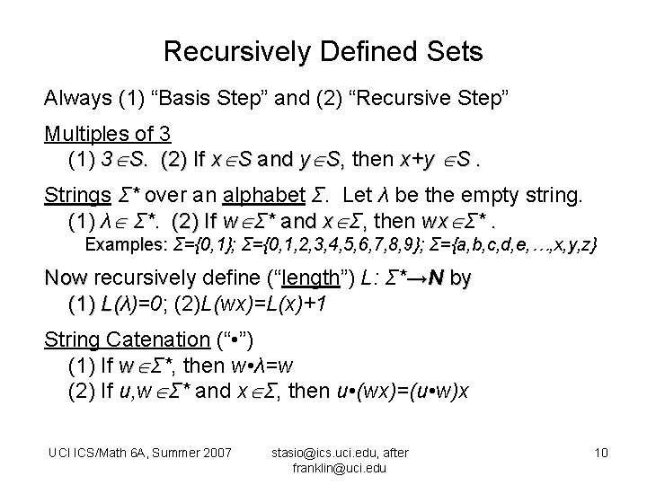 Recursively Defined Sets Always (1) “Basis Step” and (2) “Recursive Step” Multiples of 3