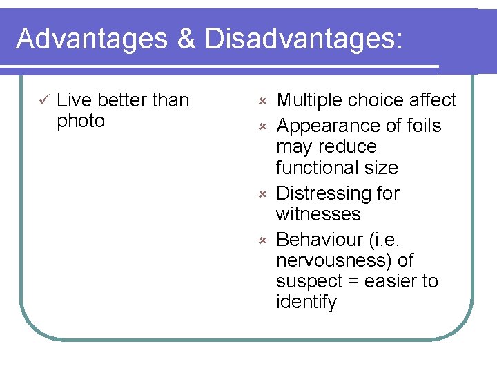 Advantages & Disadvantages: ü Live better than photo Multiple choice affect û Appearance of