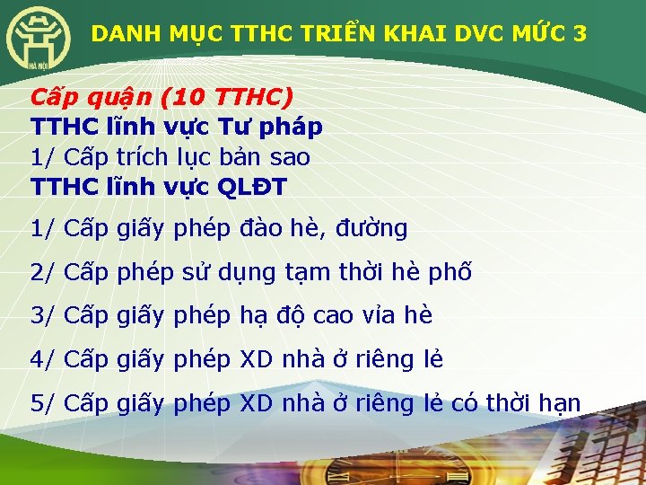 DANH MỤC TTHC TRIỂN KHAI DVC MỨC 3 Cấp quận (10 TTHC) TTHC lĩnh
