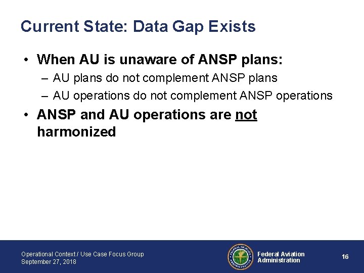 Current State: Data Gap Exists • When AU is unaware of ANSP plans: –