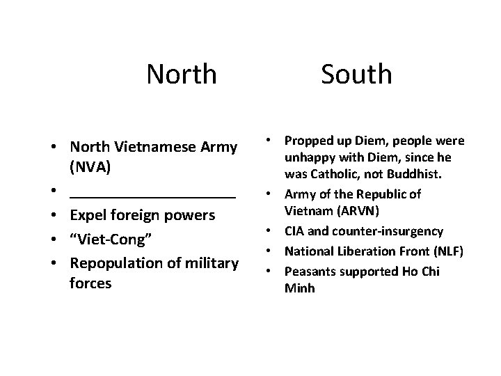 North • North Vietnamese Army (NVA) • __________ • Expel foreign powers • “Viet-Cong”