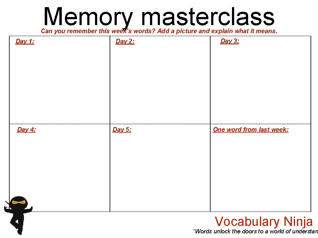 Memory masterclass Can you remember this week’s words? Add a picture and explain what