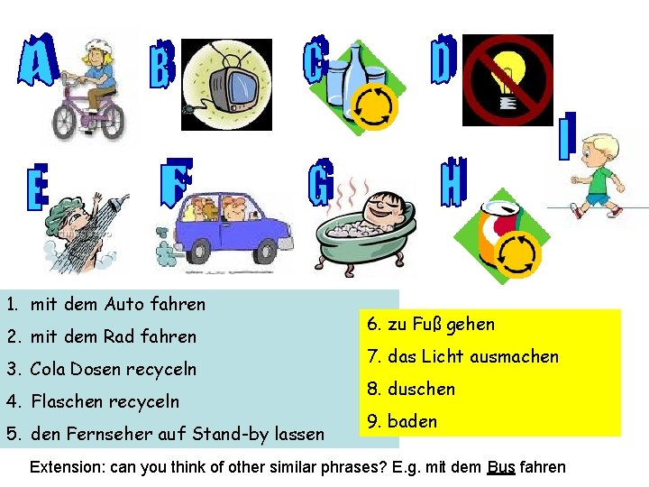 1. mit dem Auto fahren 2. mit dem Rad fahren 3. Cola Dosen recyceln
