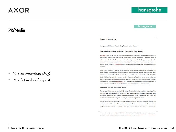 PR/Media § Kitchen press release (Aug) § No additional media spend © Hansgrohe SE.