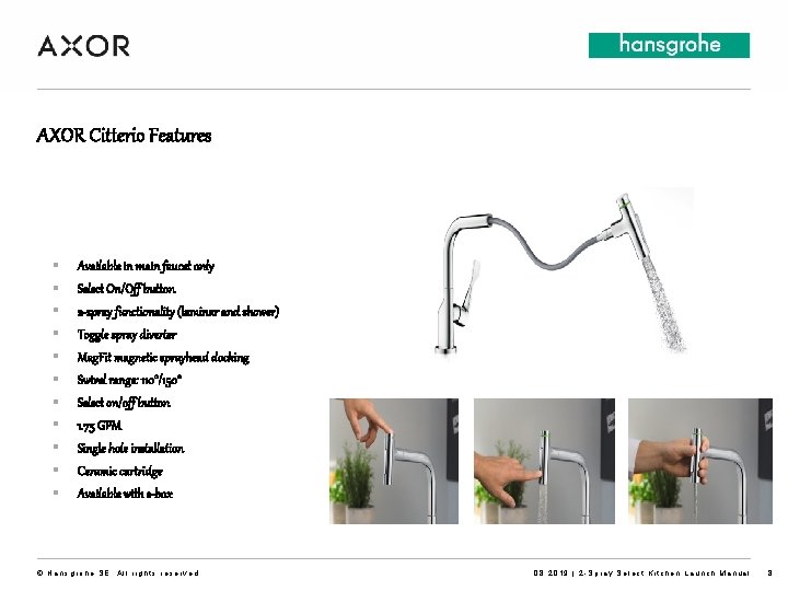 AXOR Citterio Features § § § Available in main faucet only Select On/Off button