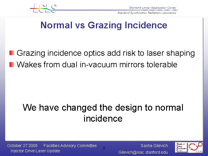 Normal vs Grazing Incidence Grazing incidence optics add risk to laser shaping Wakes from