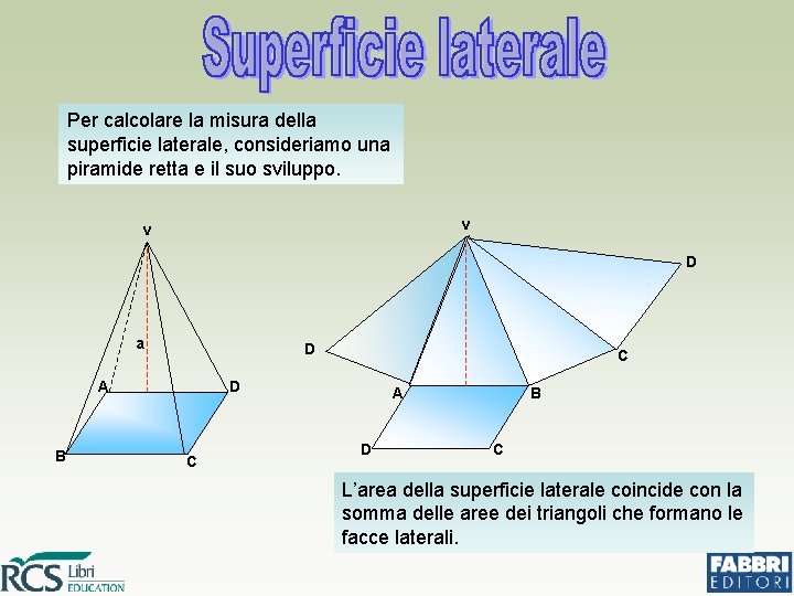 Per calcolare la misura della superficie laterale, consideriamo una piramide retta e il suo