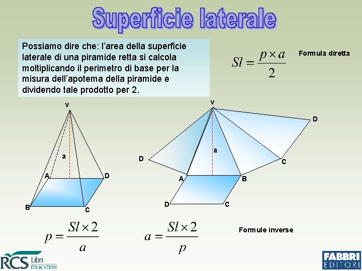 Possiamo dire che: l’area della superficie laterale di una piramide retta si calcola moltiplicando