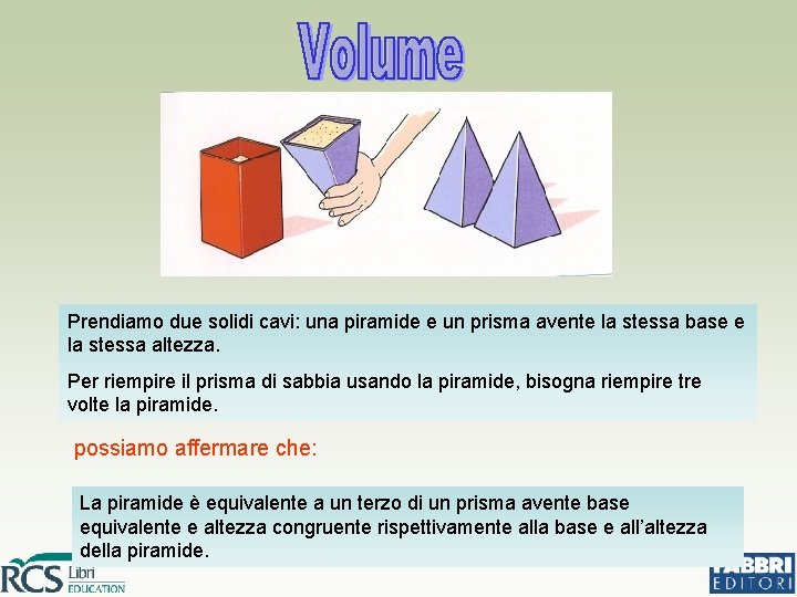 Prendiamo due solidi cavi: una piramide e un prisma avente la stessa base e