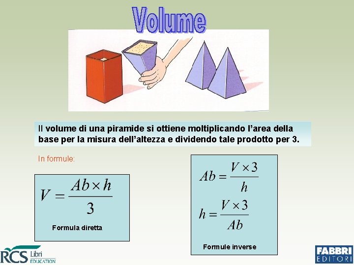 Il volume di una piramide si ottiene moltiplicando l’area della base per la misura