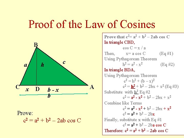 Proof of the Law of Cosines B a C x c h D b-x