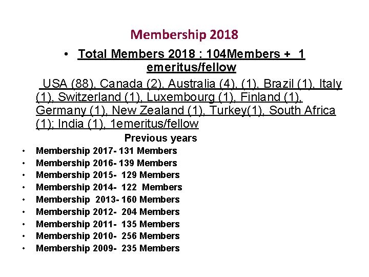 Membership 2018 • Total Members 2018 : 104 Members + 1 emeritus/fellow USA (88),
