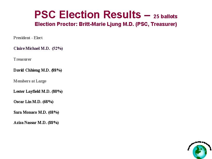 PSC Election Results – 25 ballots Election Proctor: Britt-Marie Ljung M. D. (PSC, Treasurer)