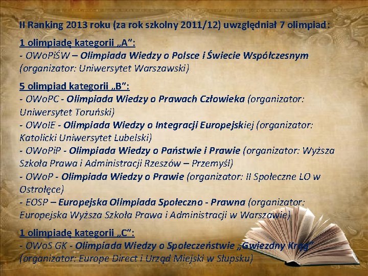 II Ranking 2013 roku (za rok szkolny 2011/12) uwzględniał 7 olimpiad: 1 olimpiadę kategorii