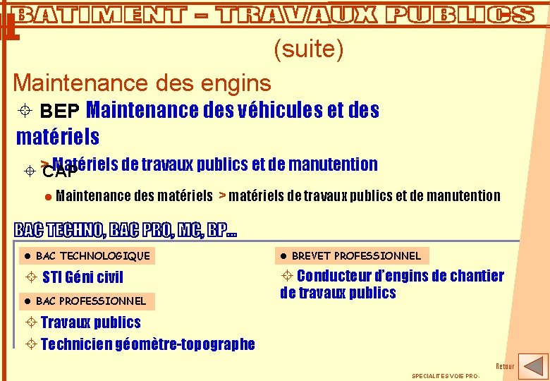 (suite) Maintenance des engins ± BEP Maintenance des véhicules et des matériels Matériels de