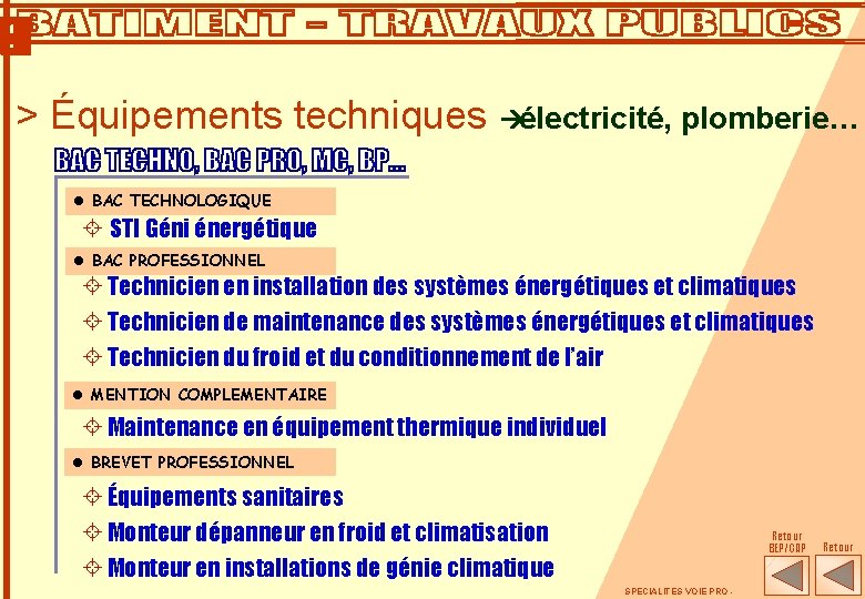 > Équipements techniques àélectricité, plomberie… l BAC TECHNOLOGIQUE ± STI Géni énergétique l BAC