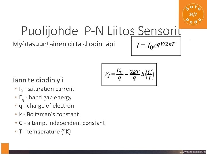 Puolijohde P-N Liitos Sensorit Myötäsuuntainen cirta diodin läpi Jännite diodin yli ◦ I 0