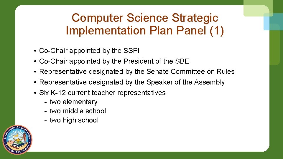 Computer Science Strategic Implementation Plan Panel (1) • • • Co-Chair appointed by the