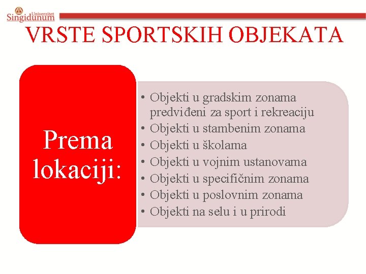 VRSTE SPORTSKIH OBJEKATA Prema lokaciji: • Objekti u gradskim zonama predviđeni za sport i