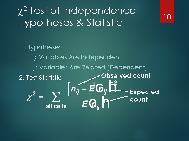  2 Test of Independence Hypotheses & Statistic 1. Hypotheses H 0: Variables Are