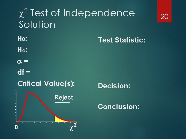  2 Test of Independence Solution H 0: Test Statistic: Ha : = df