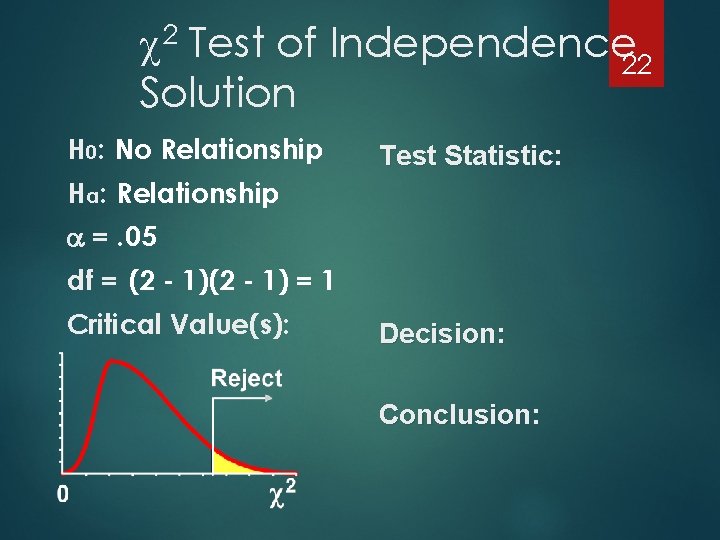 2 Test of Independence 22 Solution H 0: No Relationship Test Statistic: Ha :