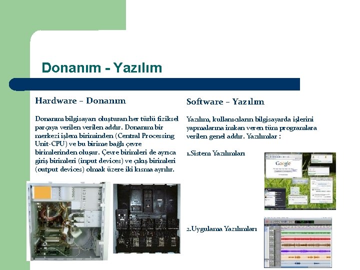 Donanım - Yazılım Hardware – Donanım Software – Yazılım Donanım bilgisayarı oluşturan her türlü