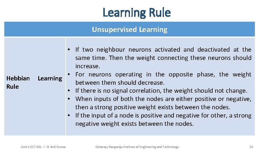 Learning Rule Unsupervised Learning Hebbian Rule • If two neighbour neurons activated and deactivated