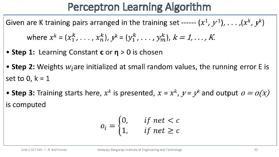 Perceptron Learning Algorithm • Unit-1: SCT-NN - I : R. Anil Kumar Gokaraju Rangaraju