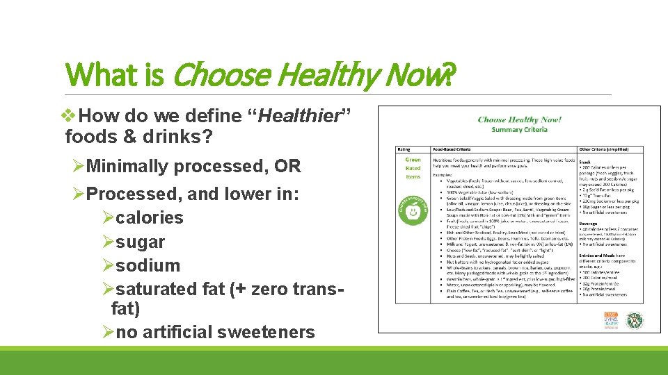 What is Choose Healthy Now? v. How do we define “Healthier” foods & drinks?