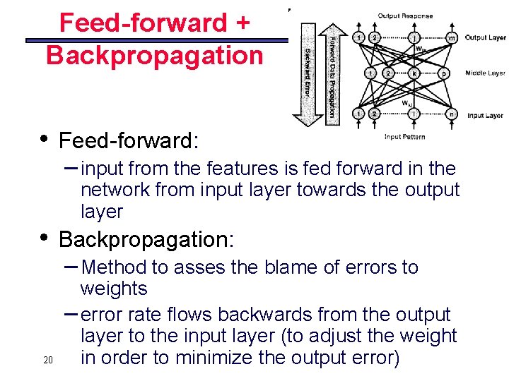 Feed-forward + Backpropagation • • 20 Feed-forward: – input from the features is fed