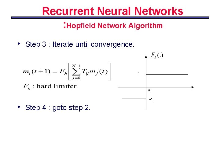 Recurrent Neural Networks : Hopfield Network Algorithm • Step 3 : Iterate until convergence.