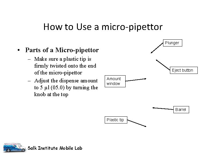 How to Use a micro-pipettor Plunger • Parts of a Micro-pipettor – Make sure