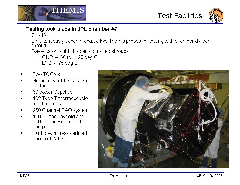 Test Facilities Testing took place in JPL chamber #7 • 74”x 134” • Simultaneously