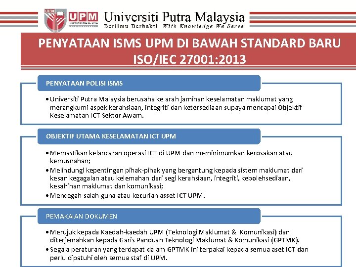 PENYATAAN ISMS UPM DI BAWAH STANDARD BARU ISO/IEC 27001: 2013 PENYATAAN POLISI ISMS •