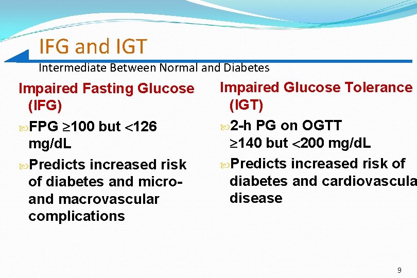 IFG and IGT Intermediate Between Normal and Diabetes Impaired Fasting Glucose (IFG) FPG 100 IFG and IGT Intermediate Between Normal and Diabetes Impaired Fasting Glucose (IFG) FPG 100