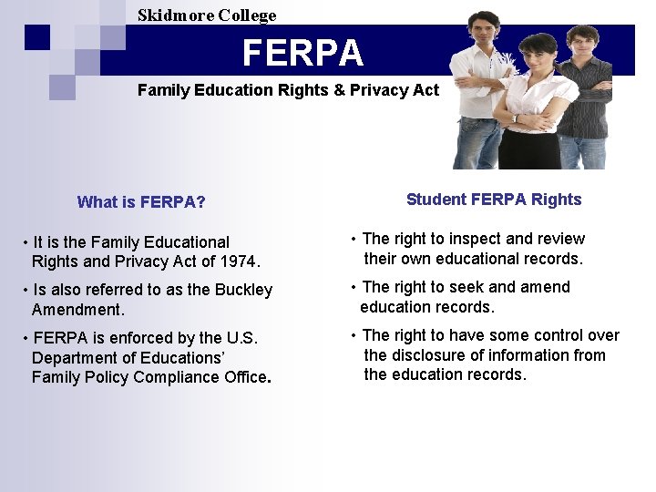 Skidmore College FERPA Family Education Rights & Privacy Act What is FERPA? Student FERPA