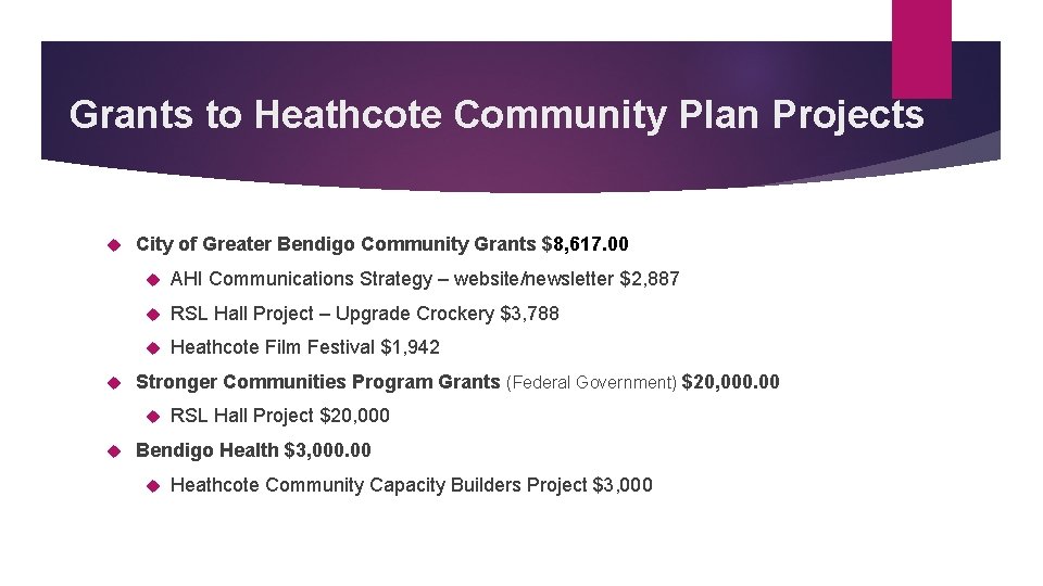 Grants to Heathcote Community Plan Projects City of Greater Bendigo Community Grants $8, 617.