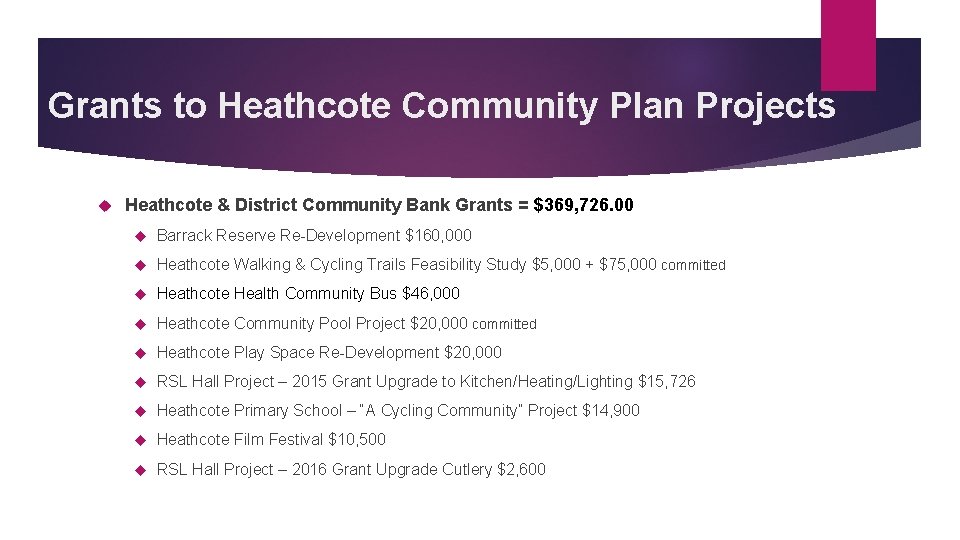Grants to Heathcote Community Plan Projects Heathcote & District Community Bank Grants = $369,