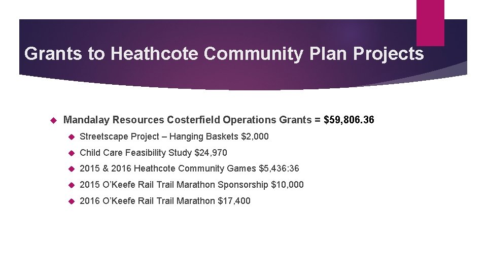 Grants to Heathcote Community Plan Projects Mandalay Resources Costerfield Operations Grants = $59, 806.