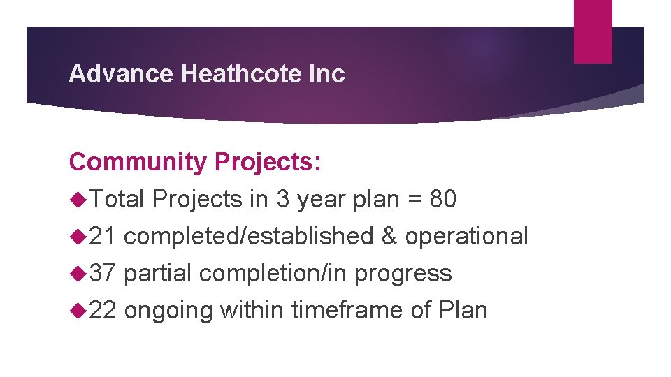 Advance Heathcote Inc Community Projects: Total Projects in 3 year plan = 80 21