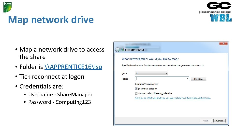 Map network drive • Map a network drive to access the share • Folder