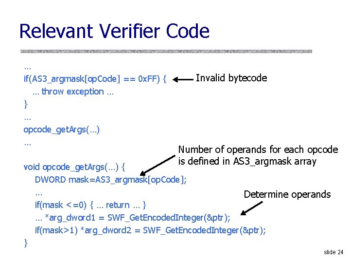 Relevant Verifier Code … if(AS 3_argmask[op. Code] == 0 x. FF) { … throw