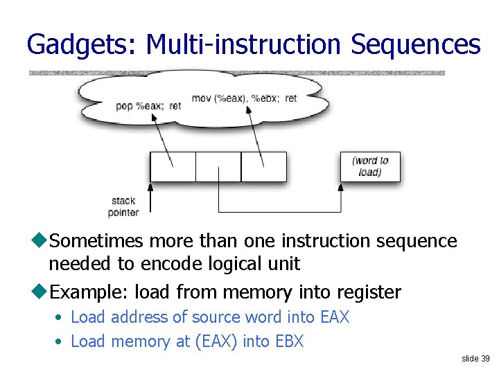 Gadgets: Multi-instruction Sequences u. Sometimes more than one instruction sequence needed to encode logical